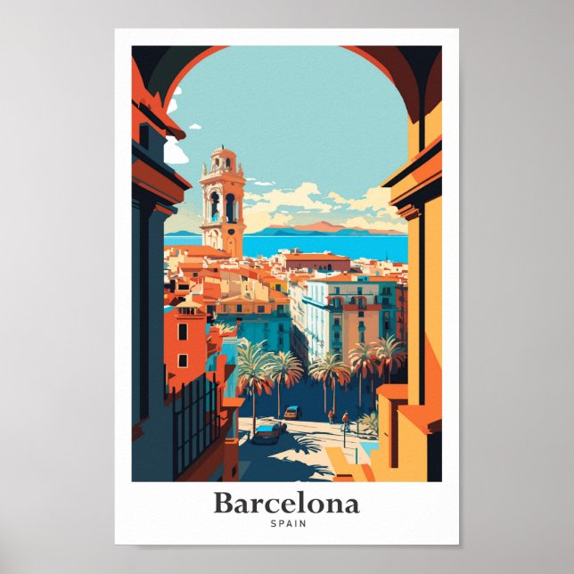 Barcelona Spain Travel Art Vintage Illustration Poster (Front)