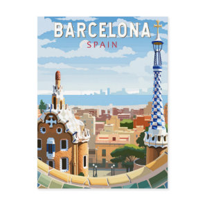 Barcelona Spain Travel Art Vintage Postcard
