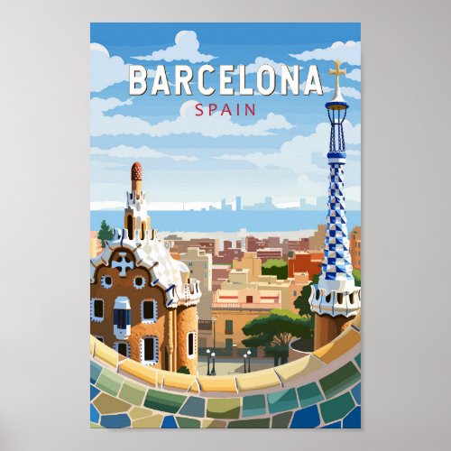 Barcelona Spain Travel Art Vintage Poster