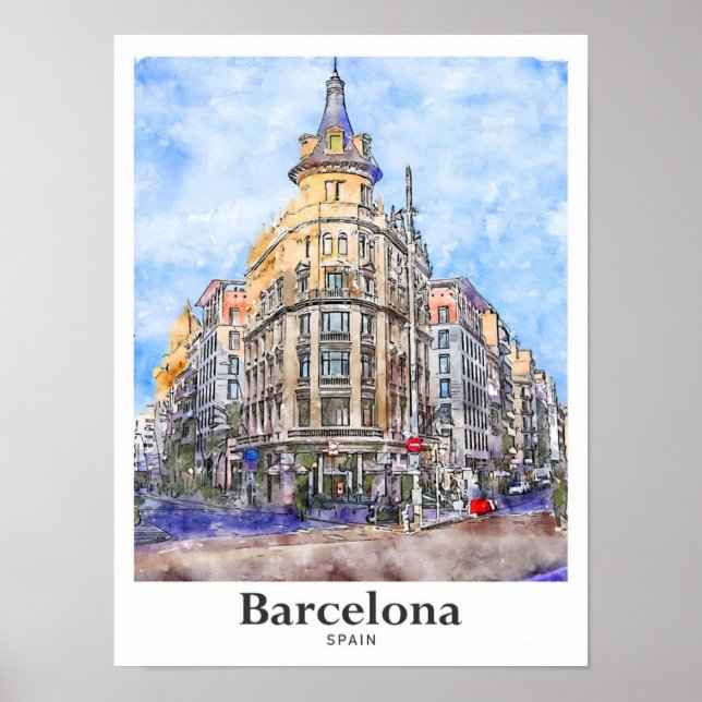 Barcelona Spain Travel Watercolor Hand Drawn Poster (Front)