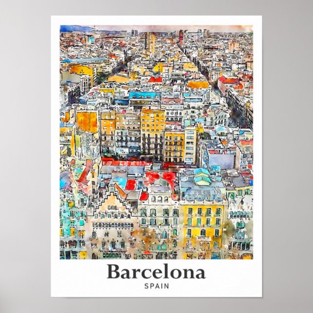 Barcelona Spain Travel Watercolor Hand Drawn Poster (Front)