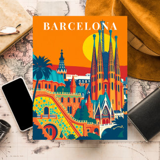 Barcelona Spain Vintage Travel Illustration Postcard
