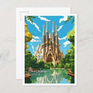 Barcelona Spain vintage travel illustration Postcard
