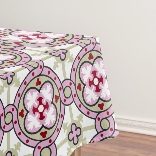 Barcelona tile flower with pink ribbons tablecloth (In Situ)
