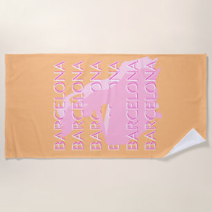 Barcelona Travel Art, Spain, Orange, Pink Beach Towel