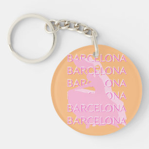 Barcelona Travel Art, Spain, Orange, Pink Keychain