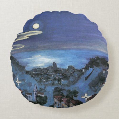 Barcelona View of City at Night by Walter Gramatte Round Pillow