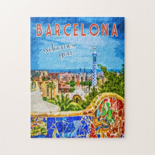 Barcelona Vintage Travel Poster Shelter In Place Jigsaw Puzzle