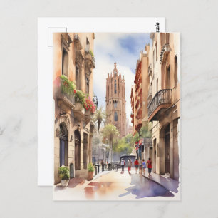 Barcelona watercolor art postcard