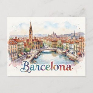 Barcelona watercolor art postcard