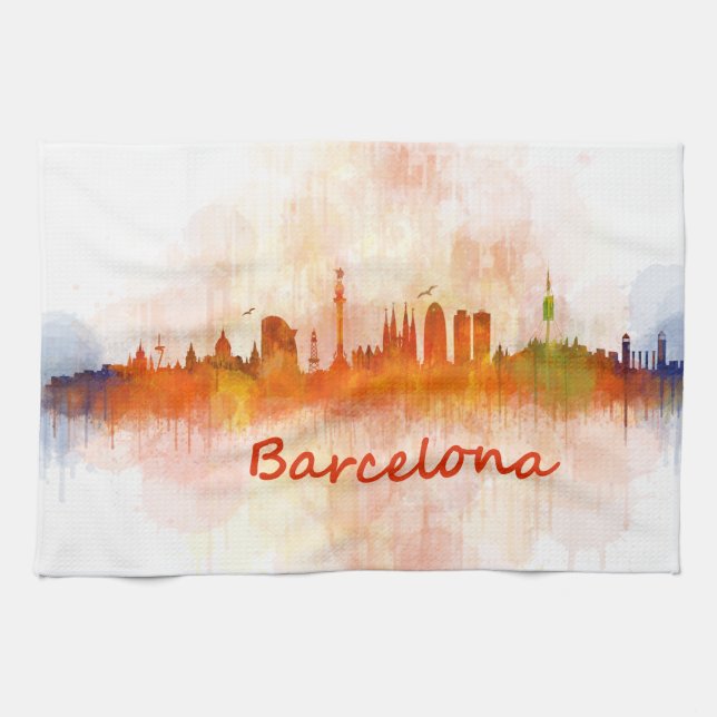 Barcelona watercolor Skyline v04 Kitchen Towel (Horizontal)