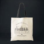Barcelona Wedding | Stylized Skyline Tote Bag<br><div class="desc">A unique wedding tote bag for a wedding taking place in the city of Barcelona,  Spain.  This tote features a stylized illustration of the country's unique skyline with its name underneath.  This is followed by your wedding day information in a matching open-lined style.</div>