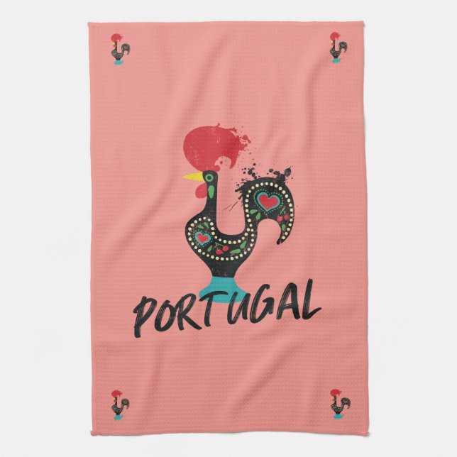 Barcelos Rooster, Portuguese Symbol on pink Kitchen Towel (Vertical)