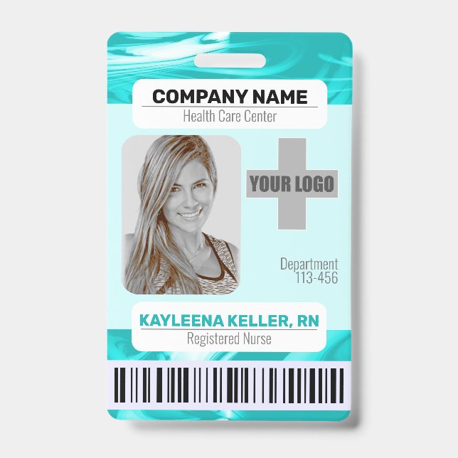 Barcode ID Photo Template Teal Green Marble Nurse  Badge (Front)