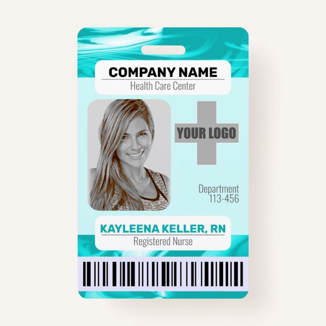 Barcode ID Photo Template Teal Green Marble Nurse  Badge (Front)
