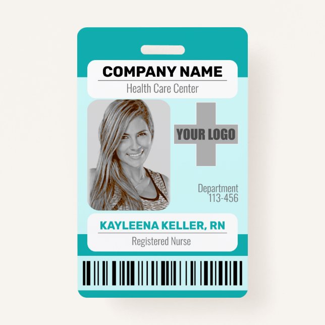 Barcode ID Photo Template Teal Green Medical Staff Badge (Front)