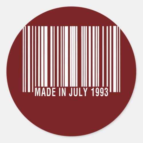 Barcode Made or Born in July 1993 Birthday in Classic Round Sticker