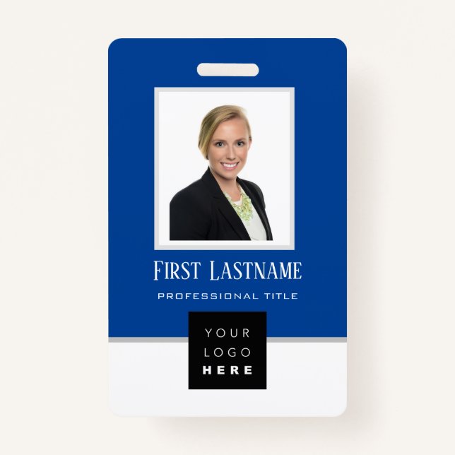 Barcode Photo Name ID Card Vertical Blue White Badge (Front)