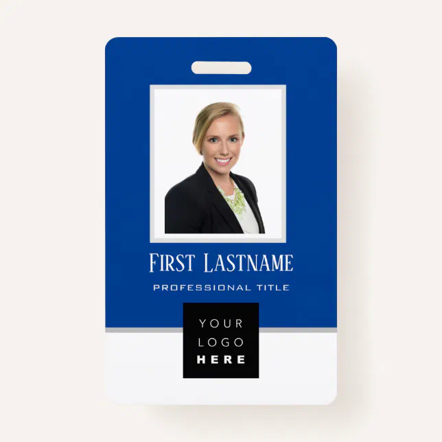 Barcode Photo Name ID Card Vertical Blue White Badge Zazzle