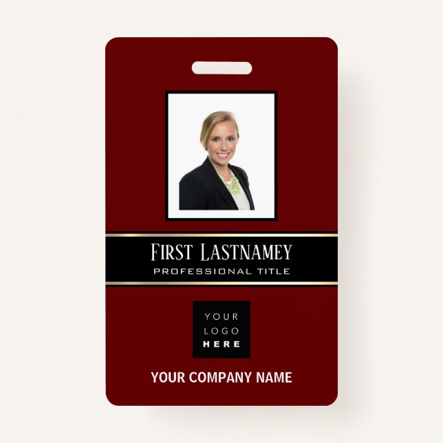 Barcode Photo Name ID Card Vertical Gold Burgundy Badge (Front)