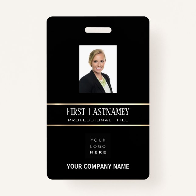 Barcode Photo Name ID Card Vertical Gold Frame Badge (Front)