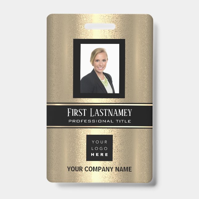 Barcode Photo Name ID Card Vertical Gold Frame Badge (Front)