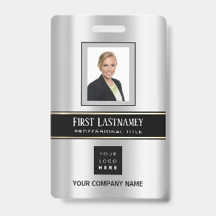 Barcode Photo Name ID Card Vertical Metal Gray Badge