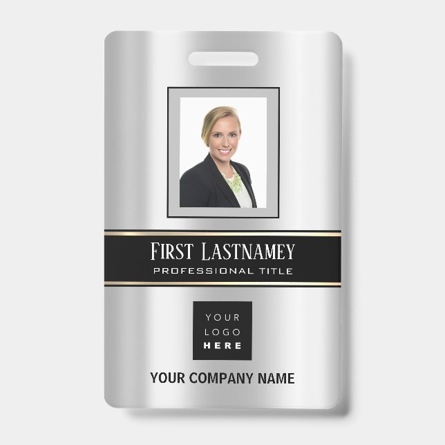 Barcode Photo Name ID Card Vertical Metal Gray Badge (Front)