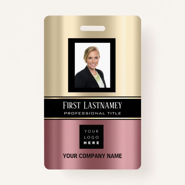 Barcode Photo Name ID Card Vertical Rose Gold Sepi Badge (Front)