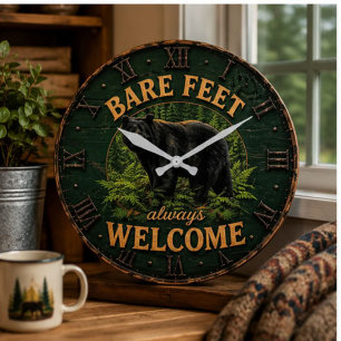 Bare Feet Always Welcome Rustic Bear Cabin Large Clock
