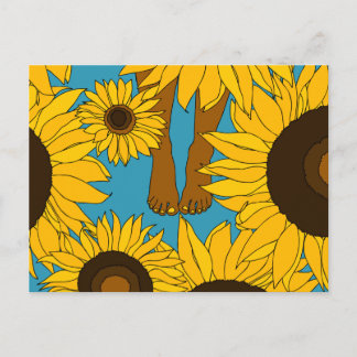 Bare feet in sunflower field postcard