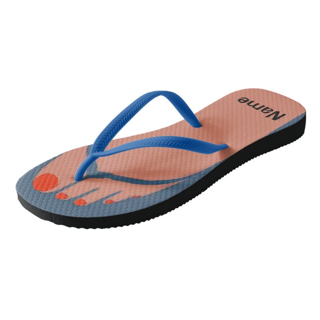 Bare Feet, Red Toes, Add Name Flip Flops (Angled)