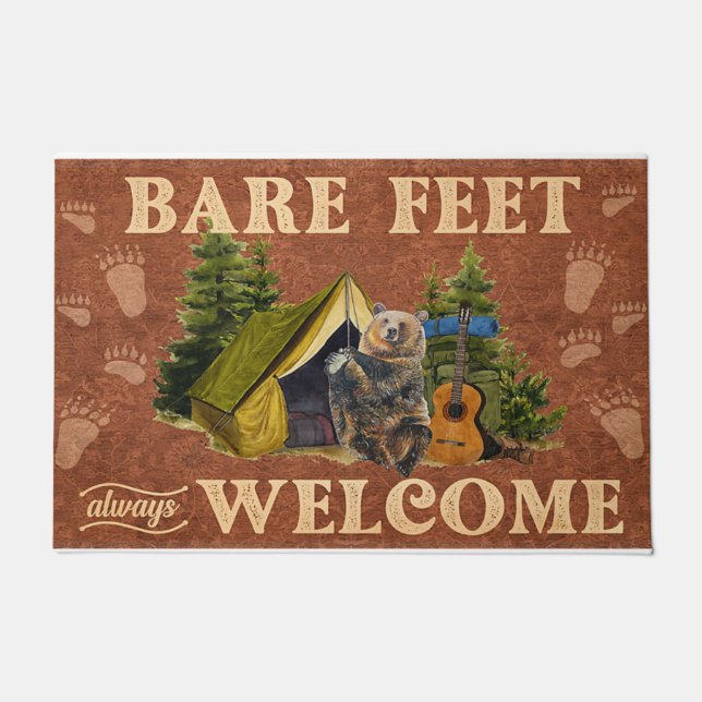 Bare Feet Welcome Doormat, Cute Bear Go Camping Doormat (Front)