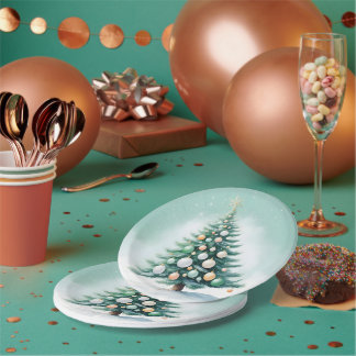 Bare Green Pine Tree | Silver Green Orange Paper Plates