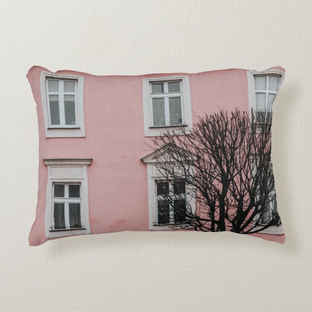 BARE TREE IN FRONT OF PINK BUILDING ACCENT PILLOW (Front)