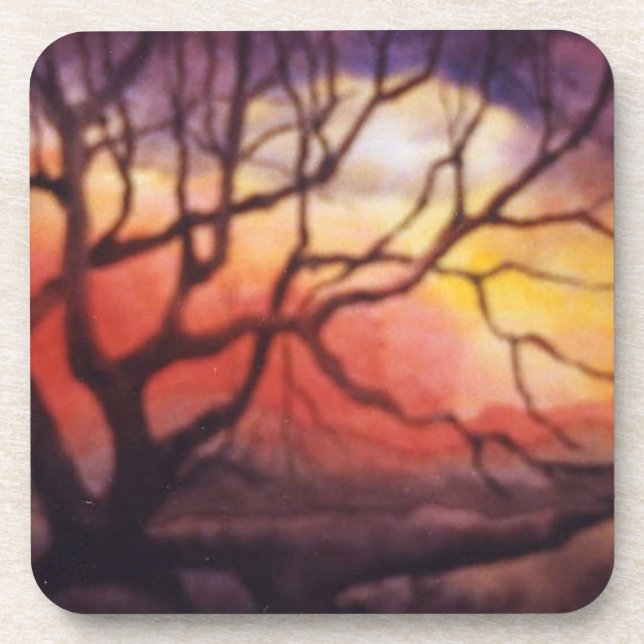 Bare winter tree and dramatic fiery sunset beverage coaster (Front)