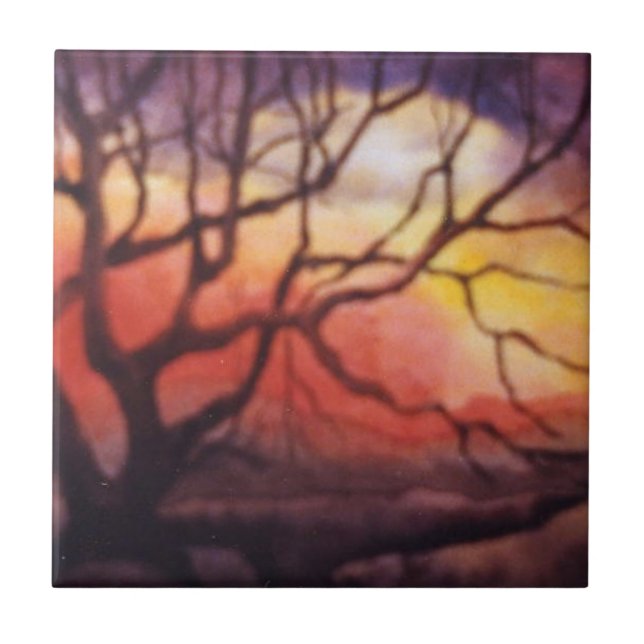 Bare winter tree and dramatic fiery sunset ceramic tile (Front)