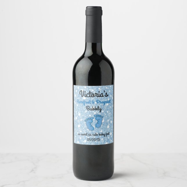 Barefoot and pregnant baby shower wine label (Front)