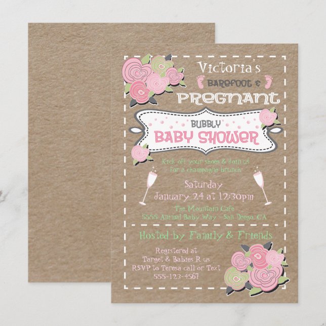Barefoot and pregnant Bubbly baby shower invites (Front/Back)
