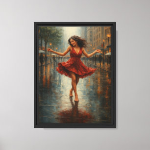 Barefoot Woman Dancing in Rainy City Scene Canvas Print