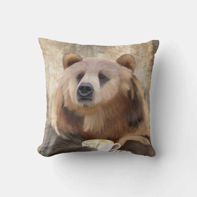 Barely Awake Bear Sipping Coffee Decorative Throw Pillow (Front)