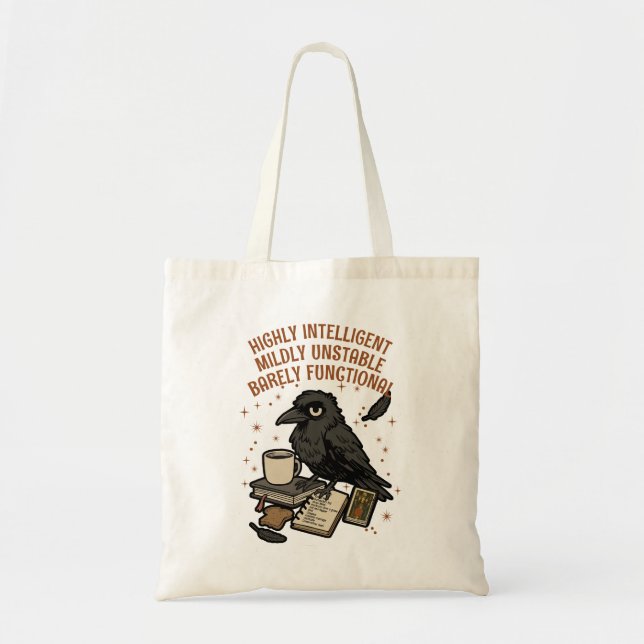 Barely Functional Crow: Intelligent, Unstable Tote Bag (Front)