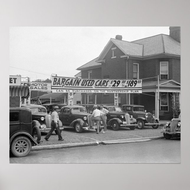 Bargain Used Cars, 1938. Vintage Photo Poster (Front)