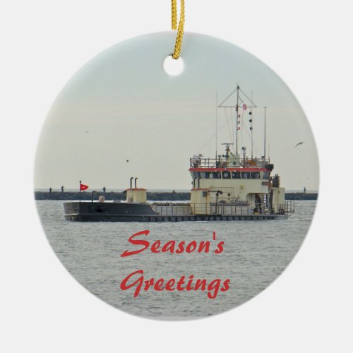 Barge in Barnegat Inlet SeasonsGreetings Ceramic Ornament