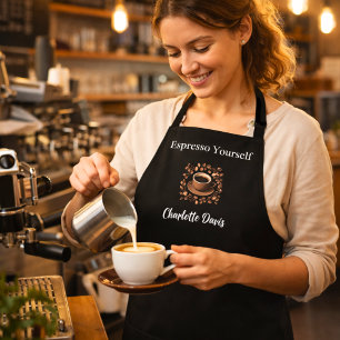 Barista black white cup coffee beans name quote apron