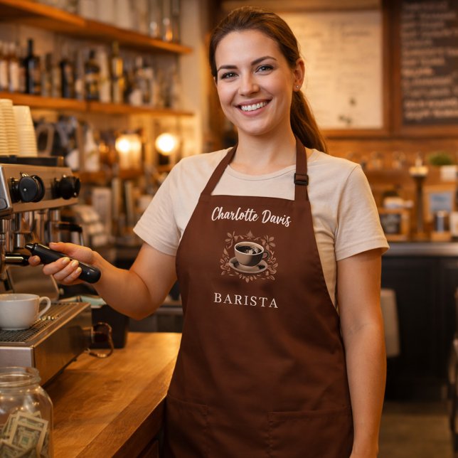 Barista brown cup coffee beans name script apron (Creator Uploaded)