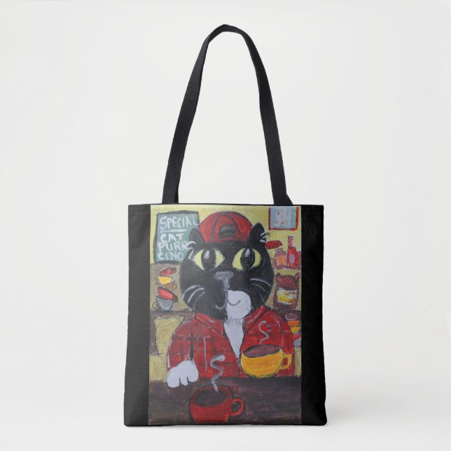 Barista Cat Folk Art Character Coffee Fun Tote Bag (Front)