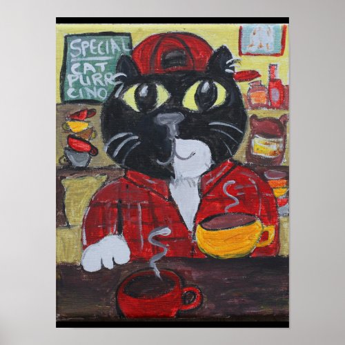Barista Coffee Cat Folk Art Poster