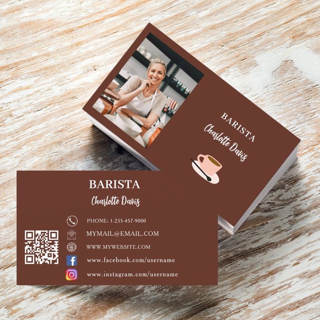 Barista photo QR code brown Business Card (Creator Uploaded)