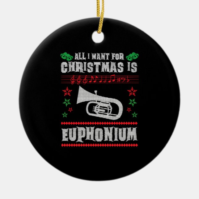 Baritone Euphonium Ugly Christmas Sweater Style Ceramic Ornament (Front)